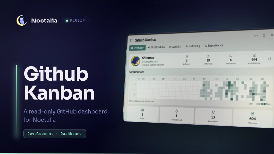 GitHub Kanban 官方宣传图,展示项目概览与贡献日历面板
