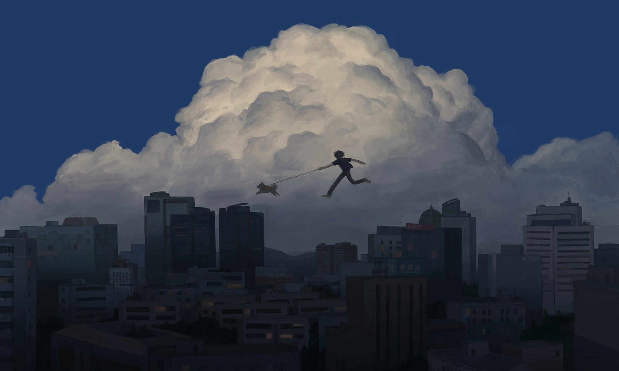巨大的云朵与城市天际线上,人物牵着猫在空中奔跑